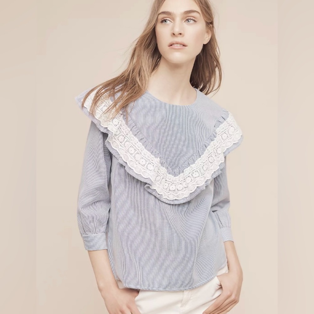 Maeve Blue and White Ruffled Top